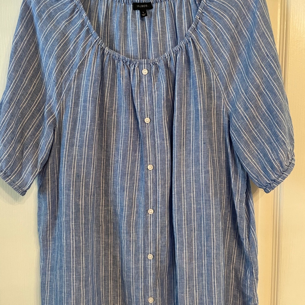 Talbots Blue & White Stripe Linen Tunic Top Large